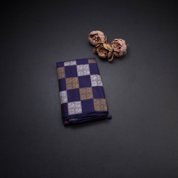Micro Checked Purple Kanchipuram Silk Saree With Square Peacock And Chakra Design On Border