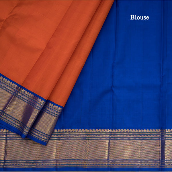 Plain Orange Kanchipuram Silk Saree With Contrasting Blue Border