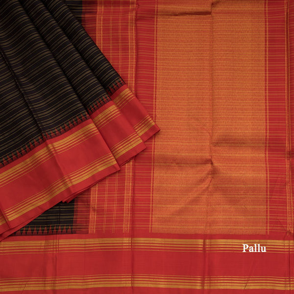 Coffee Brown Horizontally Striped Kanchipuram Silk Saree With Redcontrast Temple Border