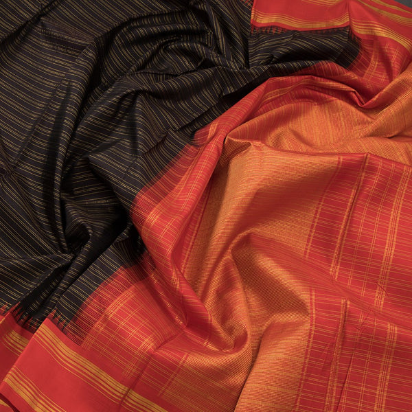 Coffee Brown Horizontally Striped Kanchipuram Silk Saree With Redcontrast Temple Border