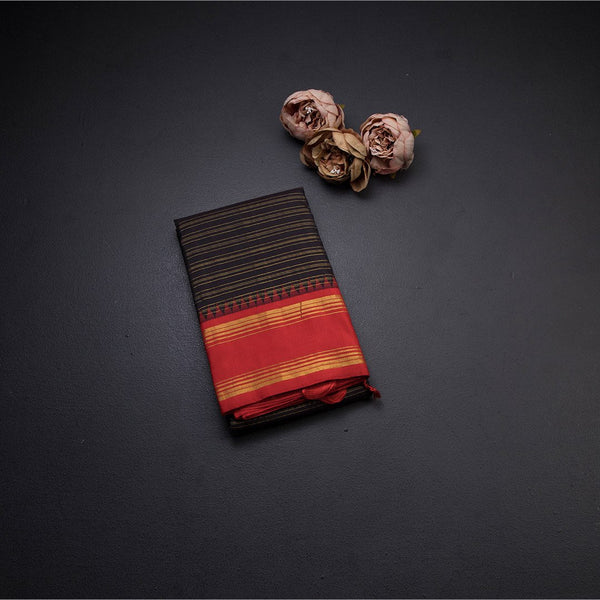 Coffee Brown Horizontally Striped Kanchipuram Silk Saree With Redcontrast Temple Border