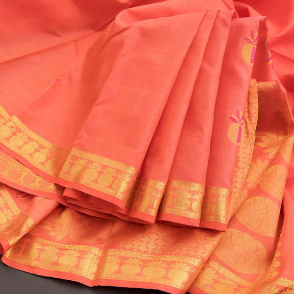 Traditional Peach Kanchipuram Silk Saree With Kalasam Butta On Body And Kalasam Design On Border