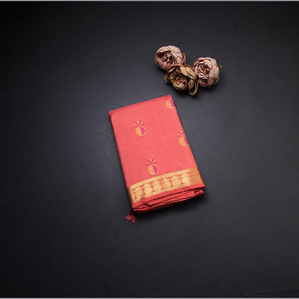 Traditional Peach Kanchipuram Silk Saree With Kalasam Butta On Body And Kalasam Design On Border