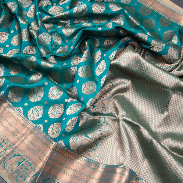 Teal Soft Silk Saree With Beautiful Temple Border