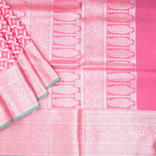 Pink Soft Silk Saree With Windmill Inspired Body Pattern And Kanchi Border