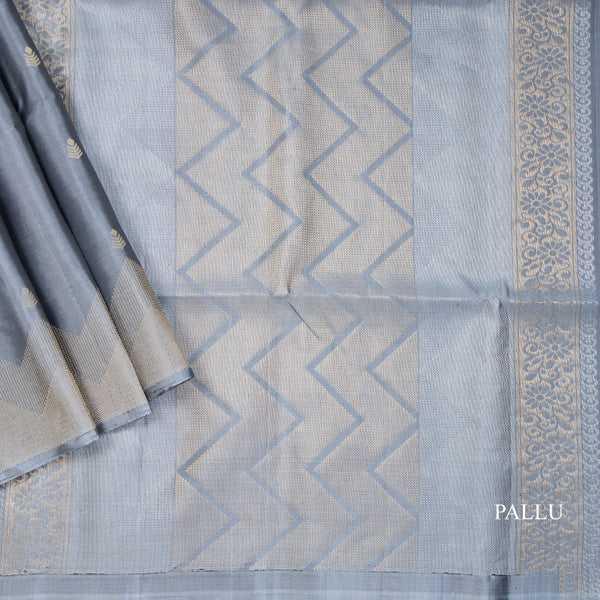 Grey Soft Silk Saree With Tiny Buttis On Body And Stylish Border