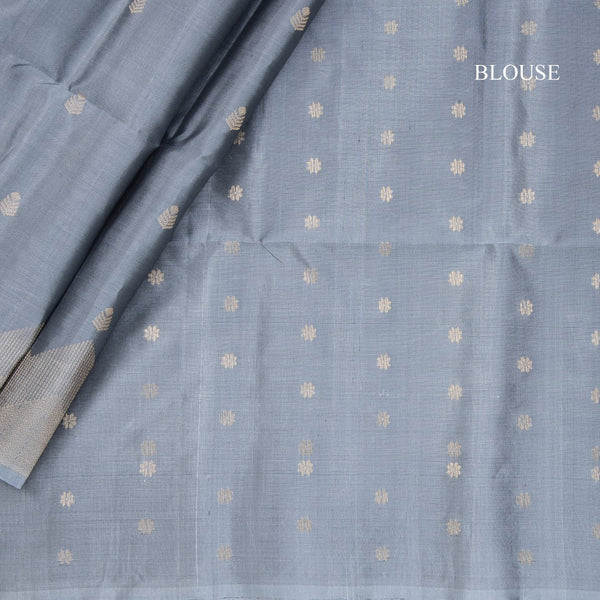Grey Soft Silk Saree With Tiny Buttis On Body And Stylish Border