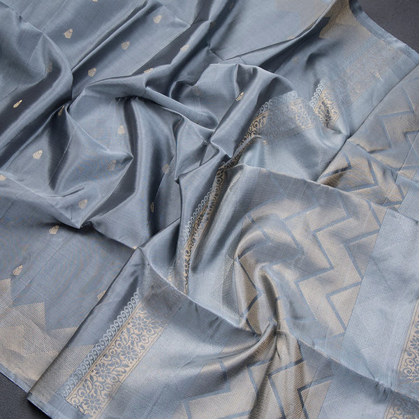 Grey Soft Silk Saree With Tiny Buttis On Body And Stylish Border