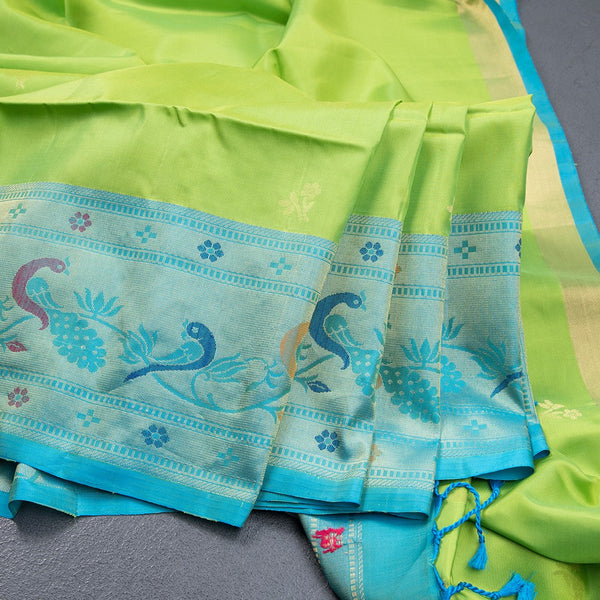 Parrot Green Soft Silk Saree With Tiny Buttis On Body And Paithani Border
