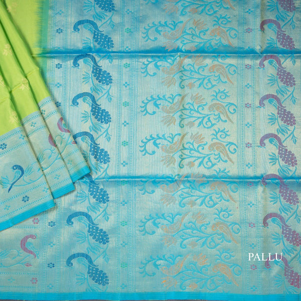 Parrot Green Soft Silk Saree With Tiny Buttis On Body And Paithani Border