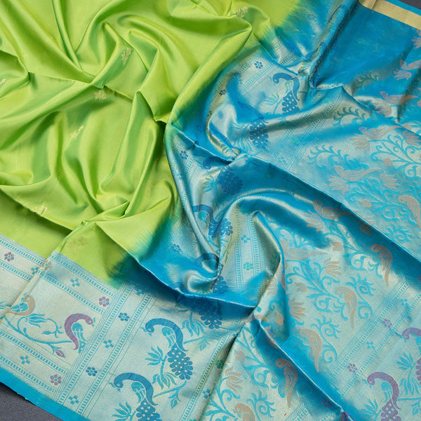 Parrot Green Soft Silk Saree With Tiny Buttis On Body And Paithani Border