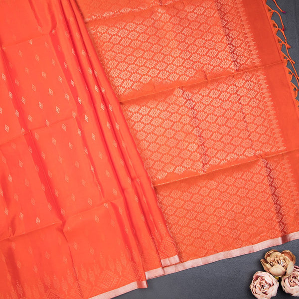 Orange Soft Silk Saree With Tiny Buttis On Body And Stylish Border