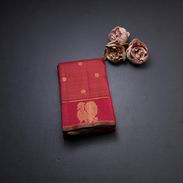 Araku Colour Micro Checked Silk Saree With Peacock And Chakra Buttas And Annam Border