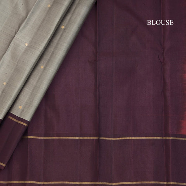 Grey Silk Saree With Small Zari Buttas And Chocalate Brown Border