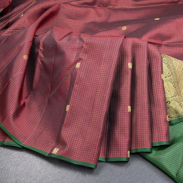 Araku Colour Micro Checked Silk Saree With Peacock And Chakra Buttas And Contrast Pallu