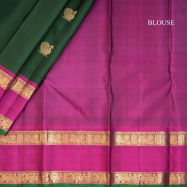 Bottle Green Silk Saree With Peacock And Chakra Buttas And Rettapet Border