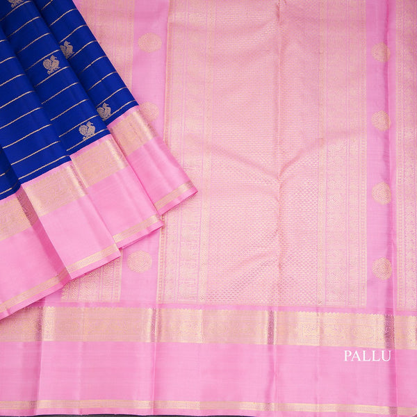 Ink Blue Silk Saree With Zig Zag Design And Peacock And Chakra Buttas And Pink Border