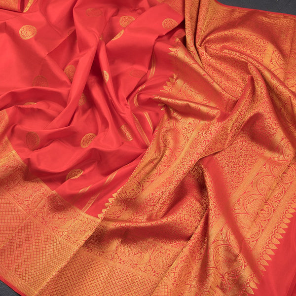 Chilly Red Silk Saree With Chakra Buttas And Gold Zari Self Border