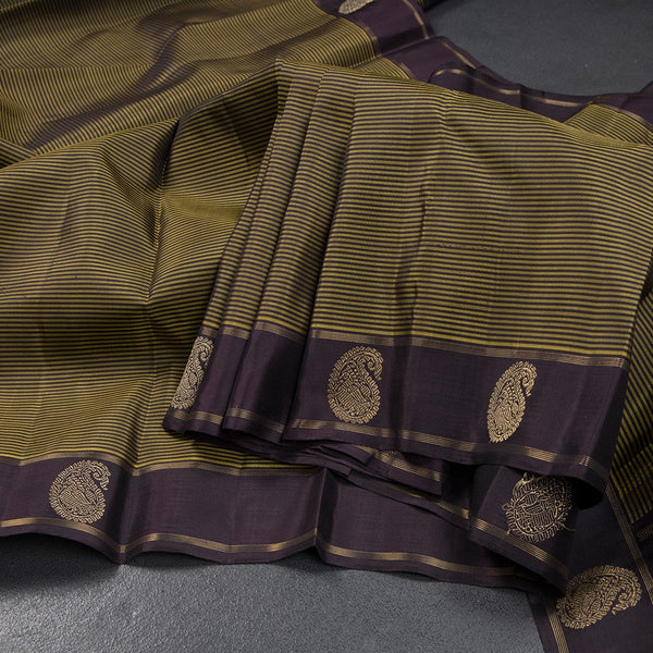 Olive Green Stripes Silk Saree With Brown Mango Zari Border
