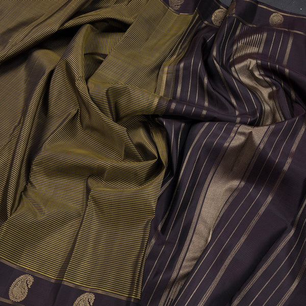 Olive Green Stripes Silk Saree With Brown Mango Zari Border