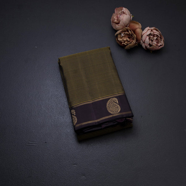 Olive Green Stripes Silk Saree With Brown Mango Zari Border