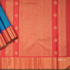 Peacock Blue Silk Saree With Zari stripes With Small Buttas And Red Zari Border