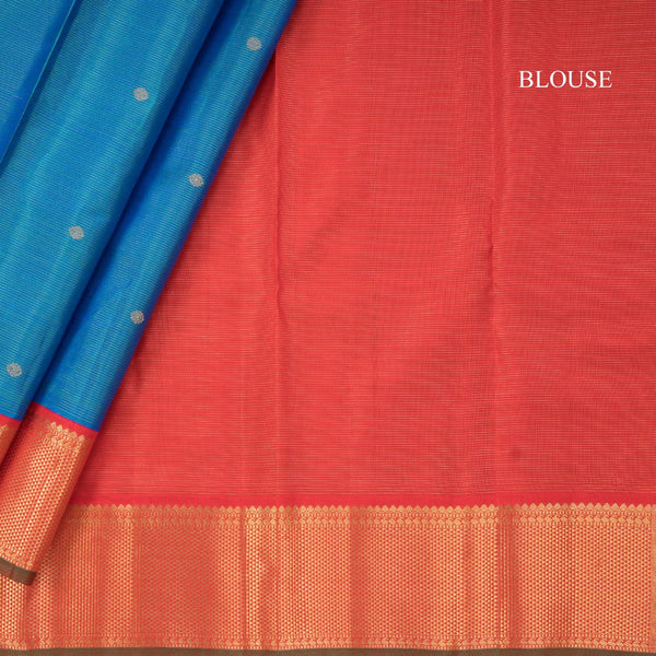 Peacock Blue Silk Saree With Zari stripes With Small Buttas And Red Zari Border