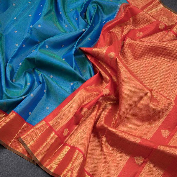 Peacock Blue Silk Saree With Zari stripes With Small Buttas And Red Zari Border