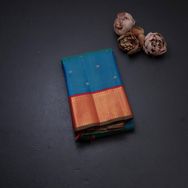 Peacock Blue Silk Saree With Zari stripes With Small Buttas And Red Zari Border