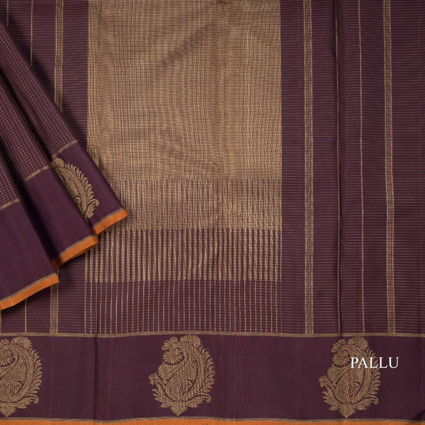 Dark Brown Micro Checked Silk Saree And Mango Zari Self Border
