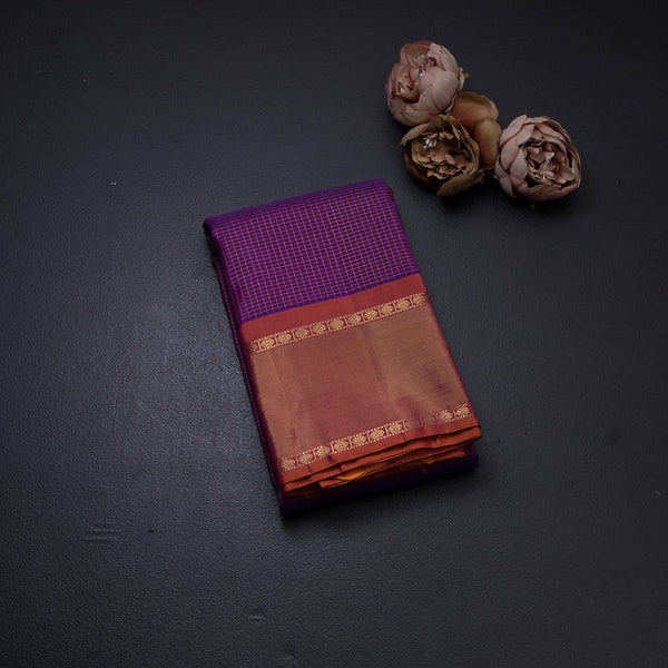 Purple Micro Checked Silk Saree And Rettapet Border
