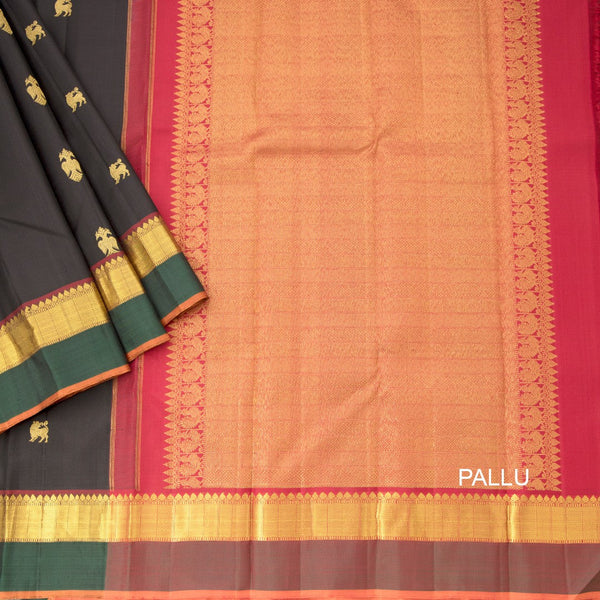 Black Silk Saree With Animal Zari Buttas And Contrast Pallu