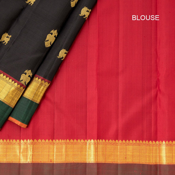 Black Silk Saree With Animal Zari Buttas And Contrast Pallu