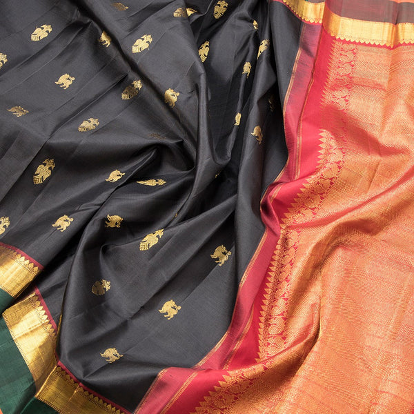 Black Silk Saree With Animal Zari Buttas And Contrast Pallu