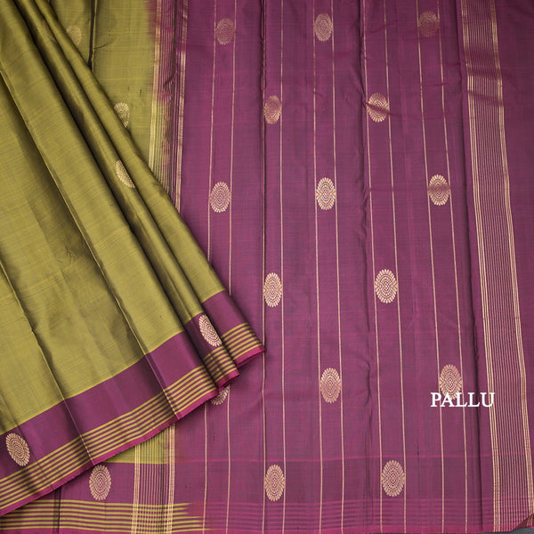 Olive Green Silk Saree With Chakra Buttas And Stripes Border