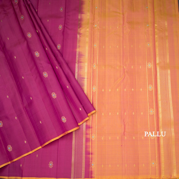 Dark Pink Borderless Silk Saree With Floral Zari Buttas On The Body