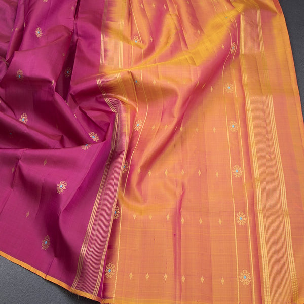 Dark Pink Borderless Silk Saree With Floral Zari Buttas On The Body