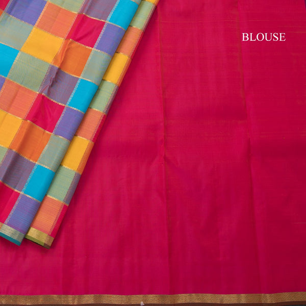 Multi Colour Checked Borderless Silk Saree With Peacock And Chakra Buttas