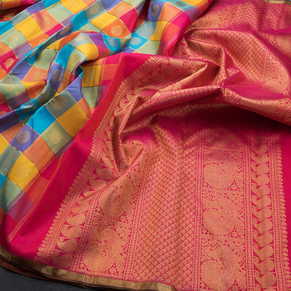Multi Colour Checked Borderless Silk Saree With Peacock And Chakra Buttas - Kumaran Silks
