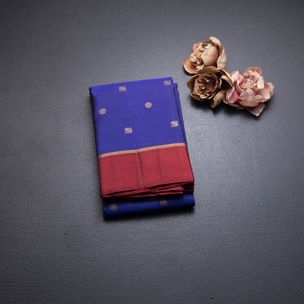 Blue Silk Saree With Peacock And Chakra Buttas And Maroon Border