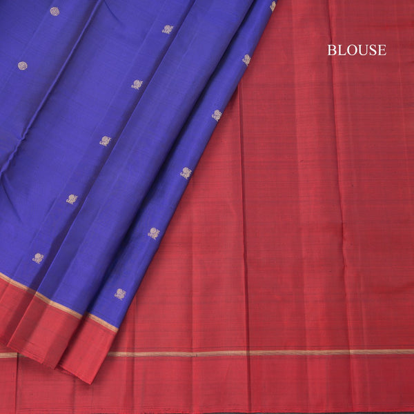 Blue Silk Saree With Peacock And Chakra Buttas And Maroon Border