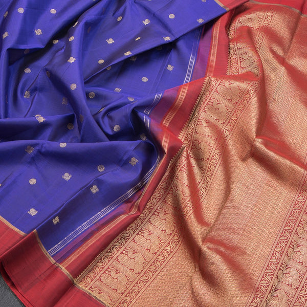 Blue Silk Saree With Peacock And Chakra Buttas And Maroon Border - Kumaran Silks