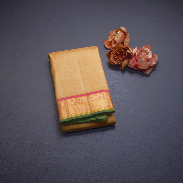 Sandal Checked Silk Saree With Chakra And Mango Buttas And Zari Border