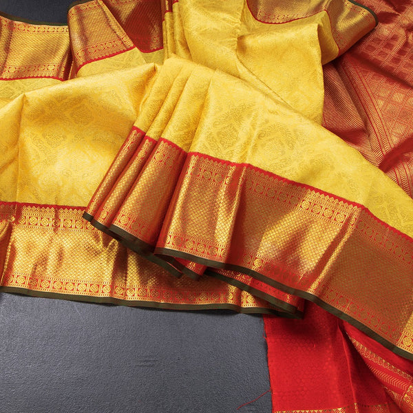 Mango Yellow Brocade Silk Saree And Gold Zari Border