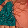 Peacock Green Soft Silk Saree With Peacock Buttas On The Body And Orange Zari Border