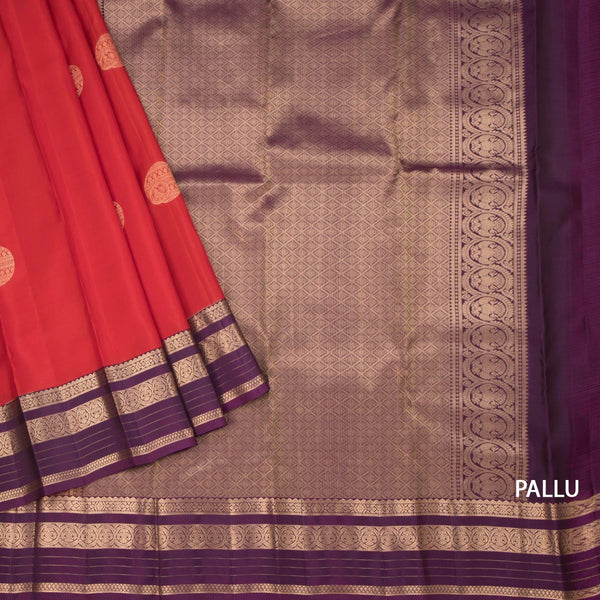 Red Silk Saree With Chakra Buttas On The Body And Purple Zari Border