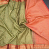Pista Green Soft Silk Saree With Peacock Buttas On The Body And Orange Zari Border