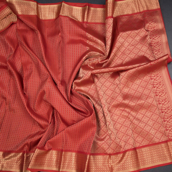 Red Soft Silk Saree With Vertical Design On The Body And Temple Zari Border