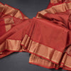 Red Soft Silk Saree With Vertical Design On The Body And Temple Zari Border