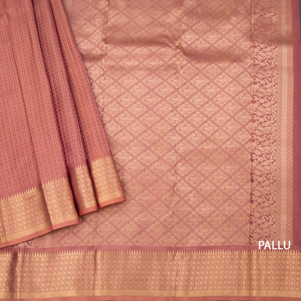 Onion Pink Soft Silk Saree With Vertical Design On The Body And Temple Zari Border